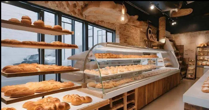 Inside Bosque Baking Co: shelves of fresh-baked sourdough loaves beside a curved glass display case of rolls
